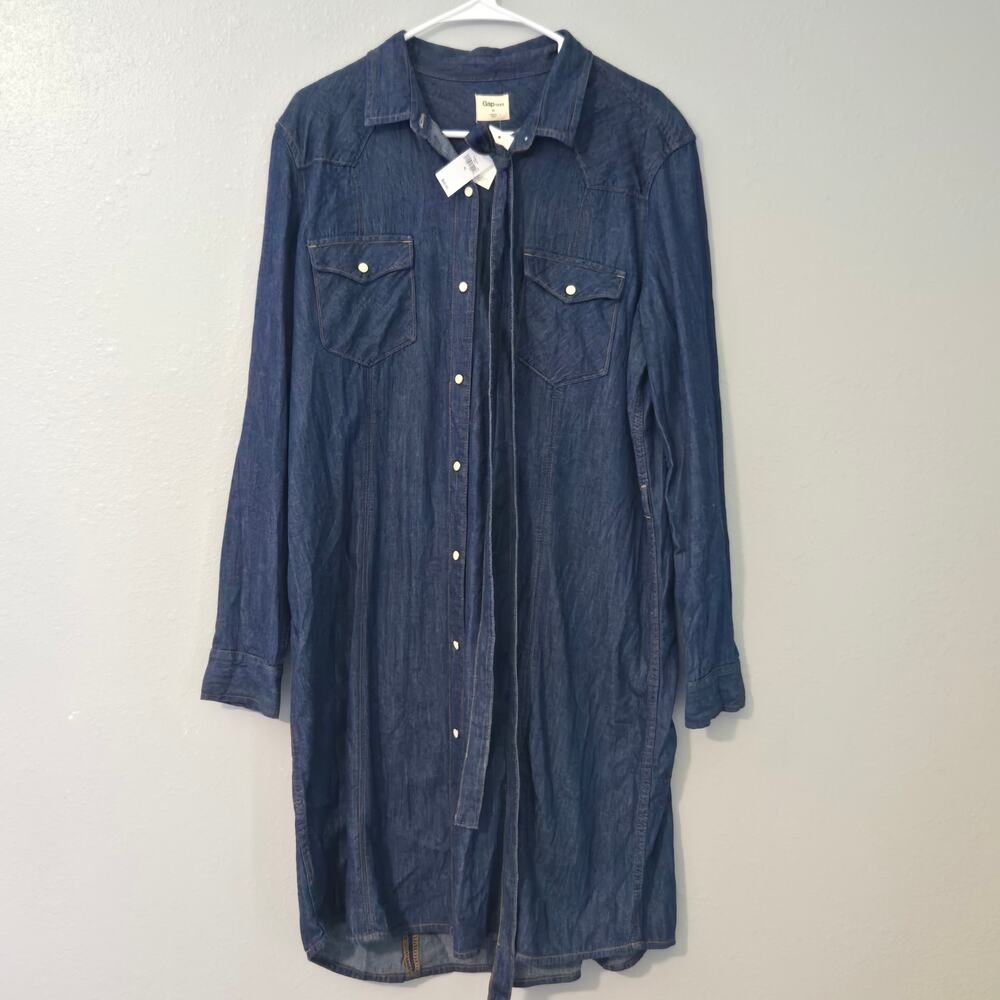 NEW GAP Women’s Blue Denim Dress XL Shirt Maxi Snap Button Belted Long Sleeve
